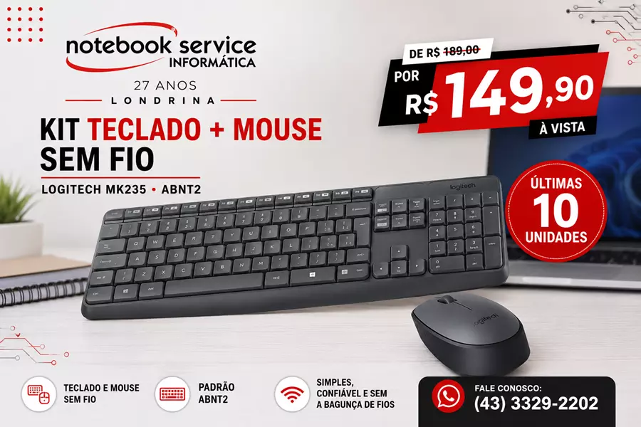 Kit teclado e mouse sem fio Logitech MK235 em promoção na Notebook Service Londrina